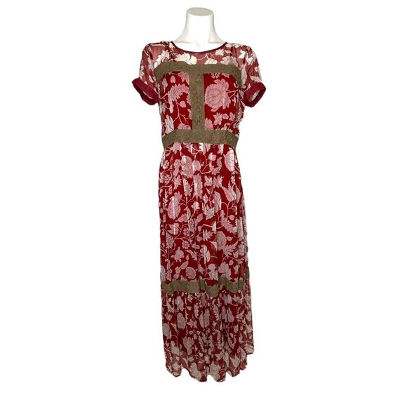 SUNDANCE Red Floral Maxi Sundress Boho Short Sleeve Slip Dress Size 4 - Picture 2 of 9
